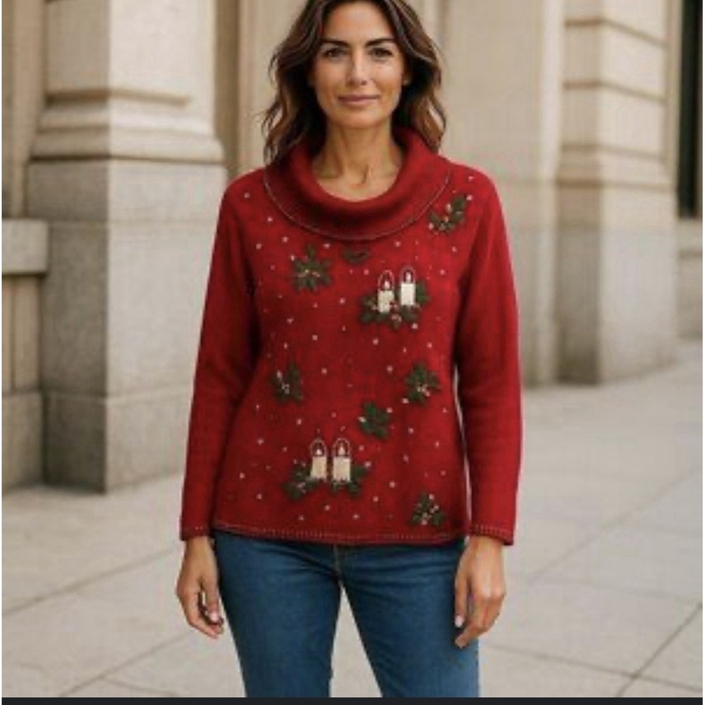 Vintage Victoria Jones Medium Ugly Christmas Sweater Beads Knitted poinsettias